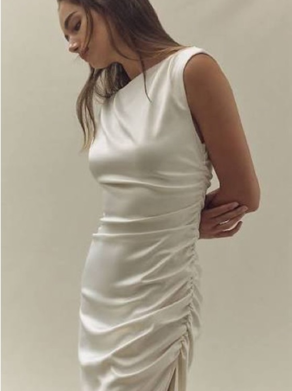 Anthropologie BHLDN Ivory Sleeveless Ruched Satin Midi Dress